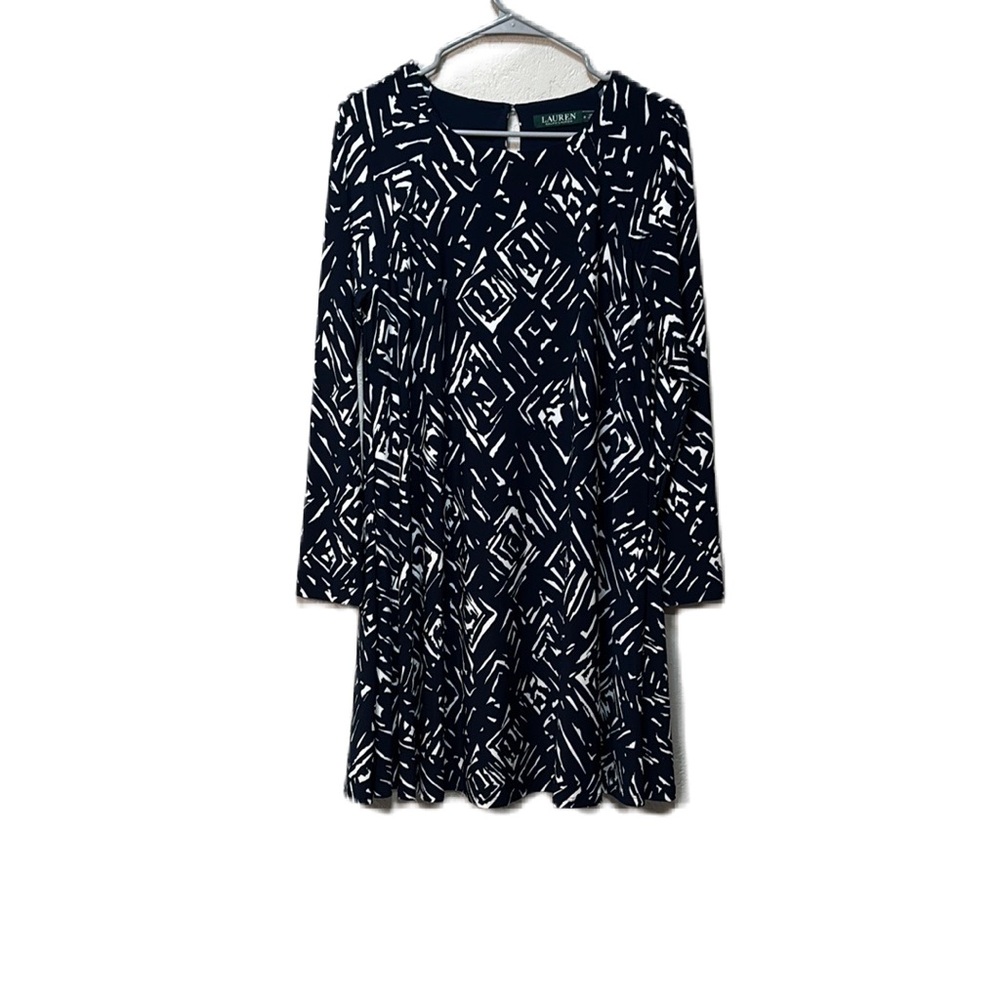 Lauren Ralph Lauren Navy Blue and White Geometric Long Sleeve Dress Size 8
